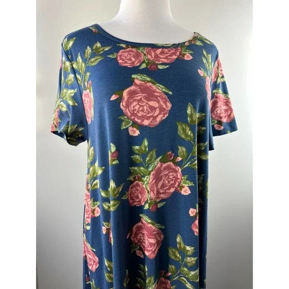 Lularoe Carly Dress Hi-Lo Short Sleeve Floral Blue Pink & Green Plus Size 3XL - Picture 2 of 3